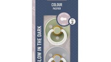 Set de 2 suzete BIBS Colour Glow din latex, cu tetina rotunda, 6 luni+