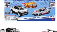 Set Hot Wheels Speeders cu 2 masini metalice Pull Back, GMC Hummer EV si Corvette C8R, scara 1:43