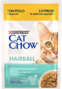 CAT CHOW HAIRBALL Plic hrană umedă cu Pui şi Fasole verde 85g - 1