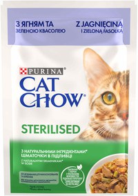 CAT CHOW STERILISED Plic hrană umedă cu Miel şi Fasole verde 85g - 1