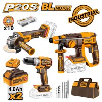 Set 3 scule profesionale fara fir, INGCO + 2 acumulator de 20V - 4AH + Incarcator rapid pentru acumulator - 1