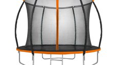 Trambulina pentru copii Mirpol, diametru 305cm, cu plasa exterioara si scara, capacitate 110 kg, negru/portocaliu