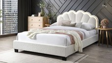 Pat tapitat Comfort 2 cu LED cu cadru din lemn cu somiera fixa Crem 160x200 cm