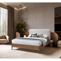 Pat tapitat din lemn masiv Barcelona cu somiera fixa Bej 140x200 cm - 1