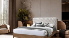 Pat tapitat din lemn masiv Barcelona cu somiera fixa Bej 140x200 cm