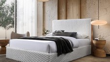 Pat tapitat Nordic Bej cu stofa bucla cu somiera metalica rabatabila si spatiu de depozitare 160x200 cm