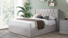 Pat tapitat Prestige 1 cu somiera metalica rabatabila si spatiu de depozitare Crem 180x200 cm