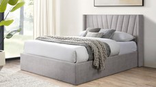 Pat tapitat Prestige 2 cu somiera metalica rabatabila si spatiu de depozitare Crem 180x200 cm