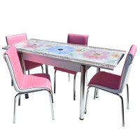 Set Masa Sticla 4 Scaune Nr57 Pembe Mavi Cicek - 1