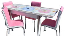 Set Masa Sticla 4 Scaune Nr57 Pembe Mavi Cicek