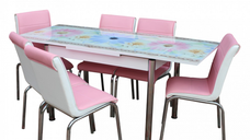 Set masa sticla 6 scaune Nr98 Pembe Mavi Cicek