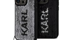 Husa telefon Karl Lagerfeld pentru iPhone 15 Pro, Paiete, Silicon, Negru/Argintiu