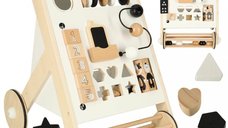 Antepremergator pentru copii, Ikonka, din Lemn, cu elemente interactive, sortator de forme, abac, labirint cu bile, placi numerice, oglinda si blocuri rotative, dimensiune 32 x 49 x 34 cm