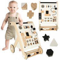 Antepremergator pentru copii, Ikonka, din Lemn, cu elemente interactive, sortator de forme, abac, labirint cu bile, placi numerice, oglinda si blocuri rotative, dimensiune 32 x 49 x 34 cm - 4