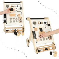 Antepremergator pentru copii, Ikonka, din Lemn, cu elemente interactive, sortator de forme, abac, labirint cu bile, placi numerice, oglinda si blocuri rotative, dimensiune 32 x 49 x 34 cm - 6