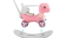Balansoar 3 in 1 Nichiduta Garden Happy Unicorn Pink transformabil in vehicul fara pedale cu maner parental,roti EVA,centuri de siguranta,jucarie muzicala,spatar si bara de siguranta detasabile