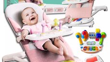 Balansoar pentru copii NiceKids, pliabil, cu roti si pian detasabil, 3 nivele de inclinare, tavita detasabila, Jucarii interactive atasate, 40 x 68 x 67 cm, Pink
