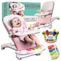 Balansoar pentru copii NiceKids, pliabil, cu roti si pian detasabil, 3 nivele de inclinare, tavita detasabila, Jucarii interactive atasate, 40 x 68 x 67 cm, Pink - 1