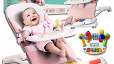 Balansoar pentru copii NiceKids, pliabil, cu roti si pian detasabil, 3 nivele de inclinare, tavita detasabila, Jucarii interactive atasate, 40 x 68 x 67 cm, Pink