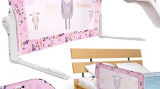 Bariera de protectie pentru pat copii, Ikonka, pliabila, cu cadru metalic, dimensiune 90 x 48.5 cm, Oite Roz