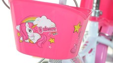 Bicicleta copii Dino Bikes Unicorn 14 inch ,varsta 4-7 ani, inaltimea 95-115 cm, frana de mana pe roata din fataspate, cosulet fata si scaun pentru papusa in spate, pinion spate fix, roti ajutatoare detasabile