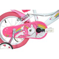 Bicicleta copii Dino Bikes Unicorn 14 inch ,varsta 4-7 ani, inaltimea 95-115 cm, frana de mana pe roata din fataspate, cosulet fata si scaun pentru papusa in spate, pinion spate fix, roti ajutatoare detasabile - 4
