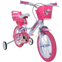 Bicicleta copii Dino Bikes Unicorn 14 inch ,varsta 4-7 ani, inaltimea 95-115 cm, frana de mana pe roata din fataspate, cosulet fata si scaun pentru papusa in spate, pinion spate fix, roti ajutatoare detasabile - 12