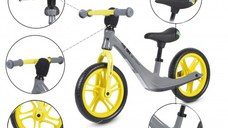 Bicicleta copii fara pedale Byox Go On grey 12 inch, roti din spuma EVA, scaun reglabil 32-41 cm, cadru din aliaj de magneziu, roti din spuma rezistenta, greutate maxima 30 kg