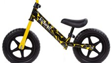 Bicicleta copii fara pedale Kidwell Rebel Yellow 12 inch, varsta 3-4 ani, ghidon cu cu inaltime reglabila, roti late din cauciuc EVA, scaun moale, reglabil, greutate mmaxima admisa 30 kg, inaltimea 80-120 cm