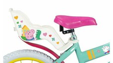 Bicicleta copii Toimsa Peppa Pig Green 16 inch, cu cosulet frontal si scaunel pentru papusi, de la 5 ani, inaltimea recomandata 110-120 cm, scaun si ghidon reglabile, roti ajutatoare detasabile
