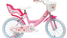 Bicicleta fetite Denver Disney Princess 16 inch, varsta 4.5-6.5 ani, inaltimea 105-125 cm, frana de mana pe ambele roti, scaun si ghidon ajustabile, roti ajutatoare detasabile, cosulet accesorii, suport pentru papusi in spate