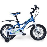 Bicicleta pentru copii 2-4 ani KidsCare HappyCycles 12 inch cu roti ajutatoare si frane pe disc albastru - 1