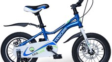 Bicicleta pentru copii 2-4 ani KidsCare HappyCycles 12 inch cu roti ajutatoare si frane pe disc albastru