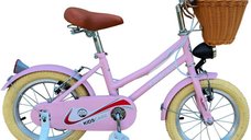 Bicicleta pentru copii KidsCare HappyGirl Roz 16 inch cu roti ajutatoare, frane de mana, cosulet, 5-8 ani