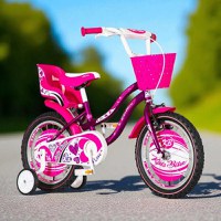 Bicicleta pentru copii Visitor little Heart MovAlb, roti 12 inch, roti ajutatoare, cos fata, scaun papusi, cadru otel 7 inch - 2