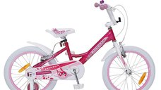 Bicicleta pentru fetite cu roti ajutatoare Byox Lovely 18 inch, varsta 6-9 ani, inaltimea recomandata peste 115 cm, roti ajutatoare, frana de mana pe ambele roti, claxon, sa si ghidon reglabile pe inaltime