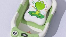Cadita bebelusi ultrapliabila Little Mom Grey Frog, cu pernuta moale detasabila, termometru display digital,suport cap de dus, dop pentru evacuarea apei, material Non-Toxic, 0-36 Luni