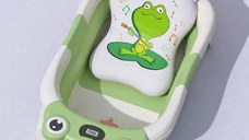 Cadita bebelusi ultrapliabila Little Mom Grey Frog, cu pernuta moale detasabila, termometru display digital,suport cap de dus, dop pentru evacuarea apei, material Non-Toxic, 0-36 Luni