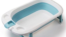Cadita Little Mom Lemon Bathtub Blue pliabila, cu margini rotunjite, dop evacuare, senzor temperatura