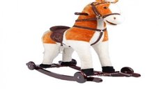 Calut balansoar pentru copii Novokids Rocking Horse XXL BeigeAlb din plus, cu roti, platforma detasabila, functie trotineta fara pedale, dimensiuni 85x37x77 cm, greutate suportata 50 kg