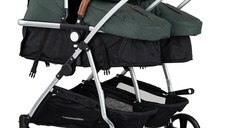 Carucior gemeni Chipolino Duo Smart 3 in 1 basil, Cadru aluminiu, pliere compacta, Suspensii si frana, Spartar reglabil, accesorii incluse