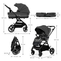 Carucior pentru copii 3 in 1 Kinderkraft Yoxi Moonlight Grey 0-22 kg, cadru din aluminiu, accesorii incluse - 9