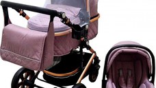 Carucior pentru copii Baby Care Pro 530 Mov deschis 3 in 1 Transformabil, Cadru Aluminiu, Amortizoare, Roti din cauciuc, Spatar reglabil 3 trepte, Plasa insecte, Geanta