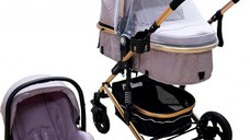 Carucior pentru copii Baby Care PRO 531 Gri 3 in 1, Cadru Aluminiu, Amortizoare, Roti din cauciuc plin, Landou, Scoica auto, Spatar reglabil 3 trepte, Plasa insecte