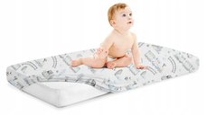 Cearceaf cu banda elastica pentru pat copii dimensiune 140 x 70cm, 100 bumbac, BabyMam retro train