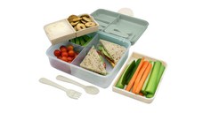 Cutie pentru pranz bento cu 2 nivele si tacamuri Melii flori albastre