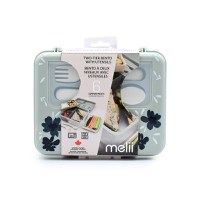 Cutie pentru pranz bento cu 2 nivele si tacamuri Melii flori albastre - 2