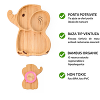 Farfurie elefant din bambus organic cu baza tip ventuza Oaki roz - 2