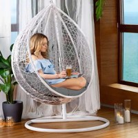Fotoliu suspendat tip cuib oval cadru Alb si perna Gri, structura din otel, perne incluse, 103x107x195 cm,utilizare interiorexterior - 2