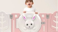 Gardulet loc de joaca copii pentru interiorexterior Nichiduta Garden 200x155 cm cu margini rotunjite, poarta de siguranta, covoras din spuma 1cm grosime,100 bile color si cosulet pliabil Bunny Pink